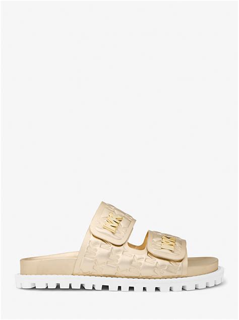 michael kors stark slides|Stark Metallic Logo Embossed Slide Sandal .